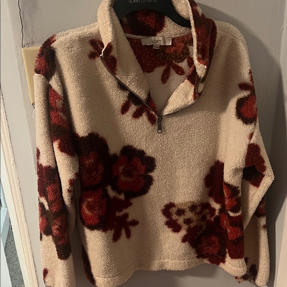 LOFT Cream and Red Floral Fleece Pullover